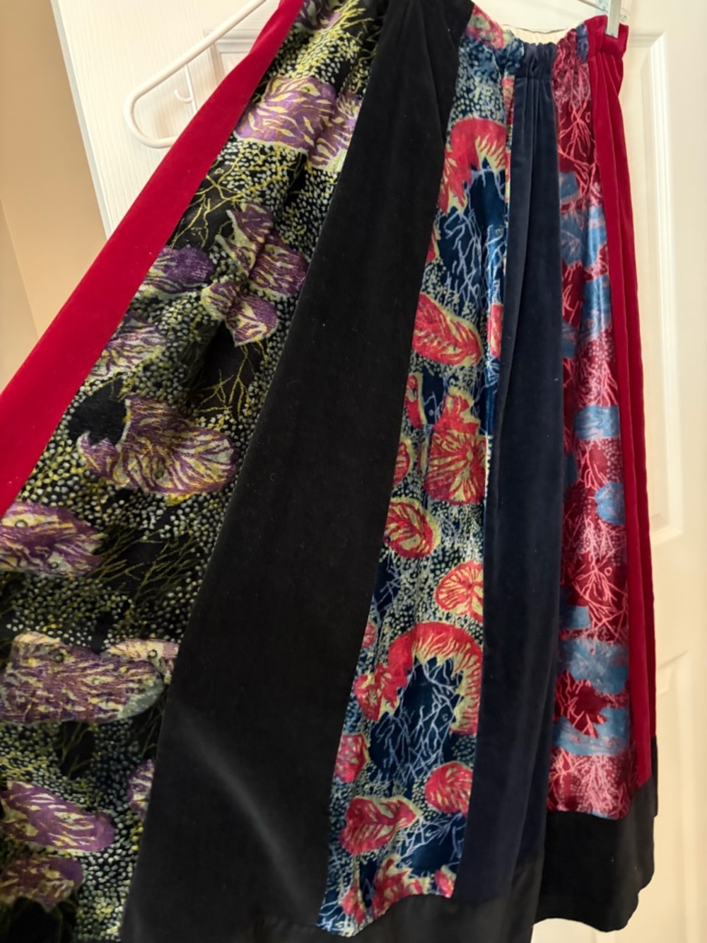 Vintage Maxi Velvet Patchwork Skirt in Black, Green and Red with sash belt